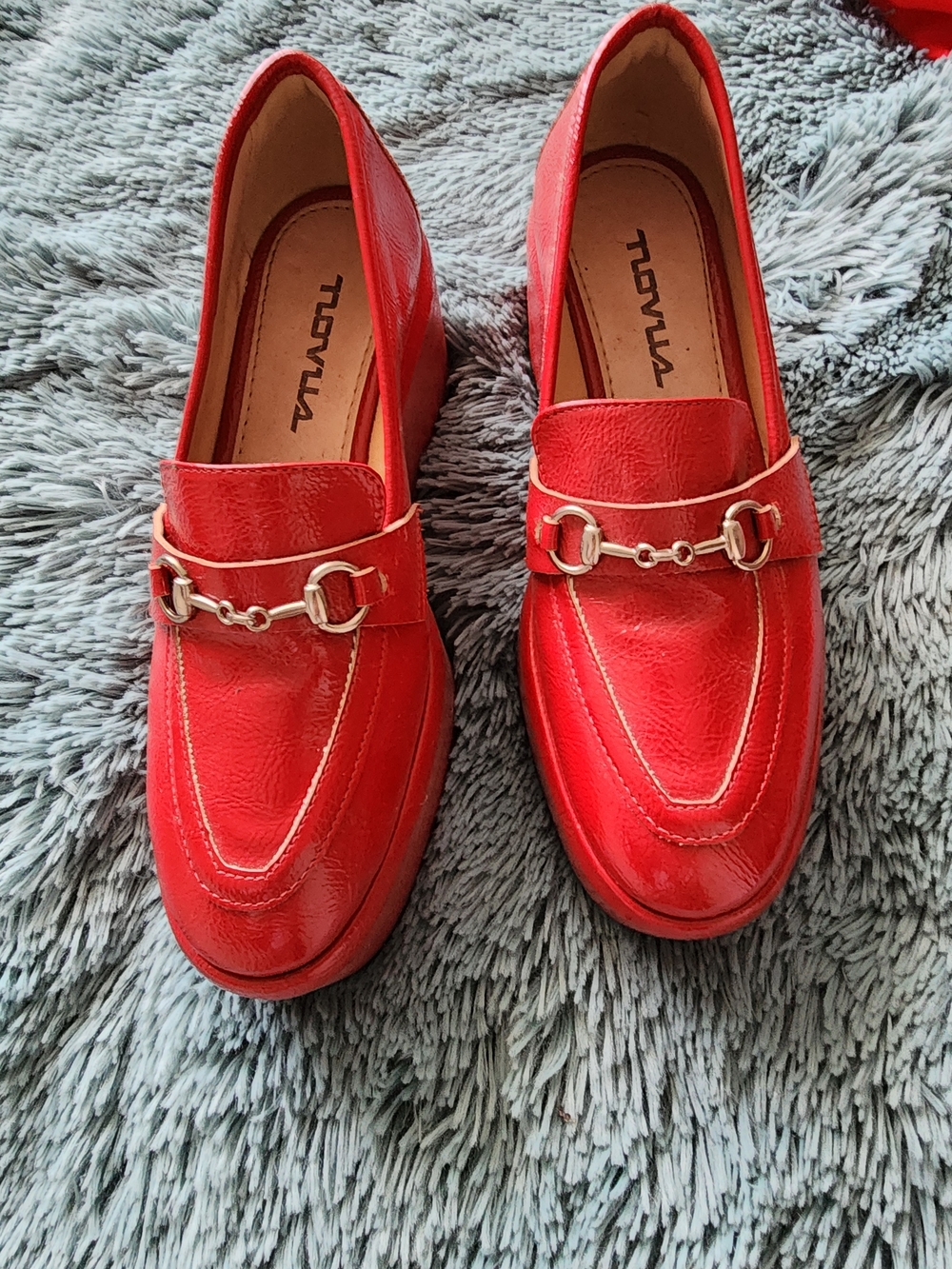 Red Wedge Penny Loafers Style with Chunky Heel & Horse Bit Detail